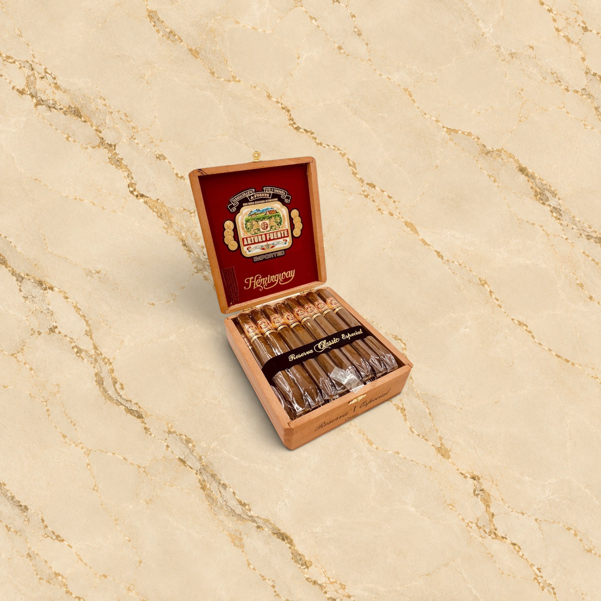 Arcadia Cigars Church Street Arturo Fuente Hemingway Signature cigars in a wooden box on a marble surface.