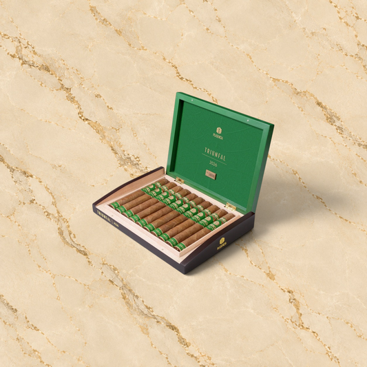 Arcadia Cigars Church Street Plasencia Triunfal 2026 Gran Toro cigars in a green and black wooden presentation box.
